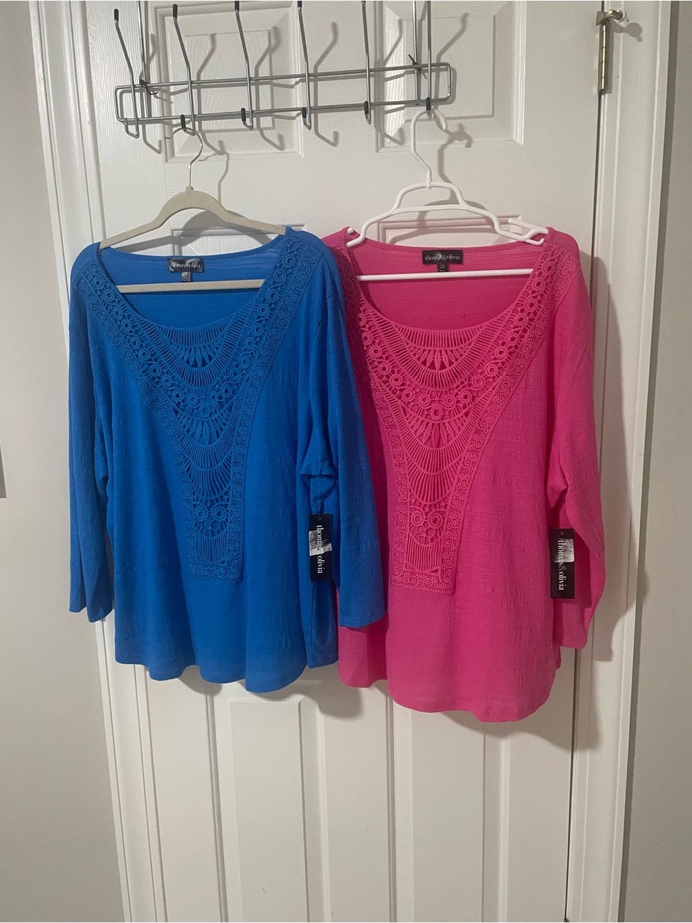 Thomas & Olivia Crochet Yoke  Tops 2x bundle two tops - Pink, Blue